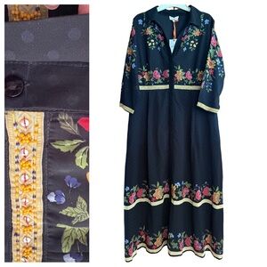 NWT Niza Black floral beaded long sleeve button up collared v-neck maxi dress